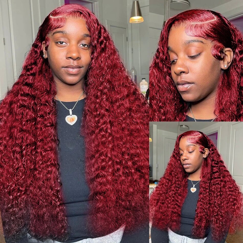 10″ – 40″ #99J & Burgundy Color Deep Wave Human Hair Lace Front Wig