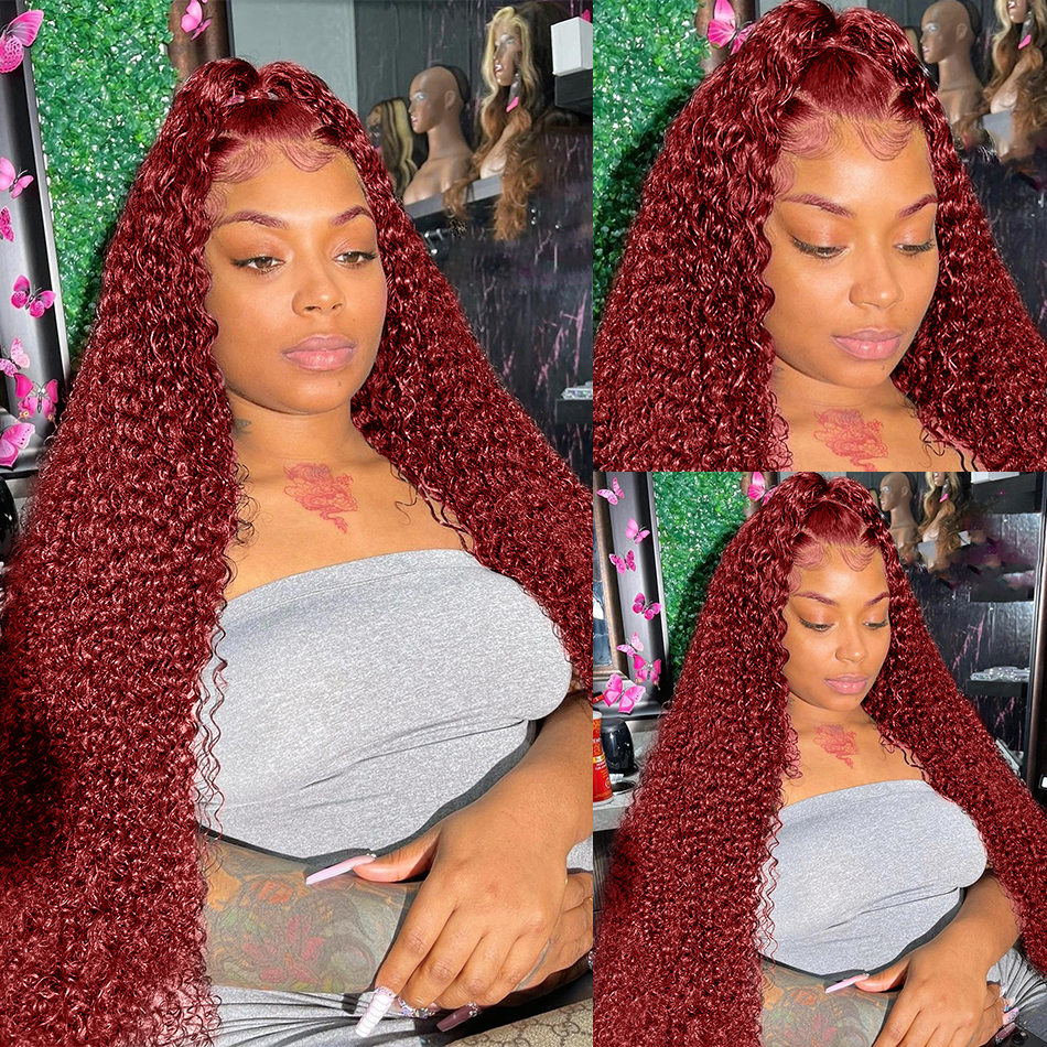 10″ – 40″ #99J & Burgundy Color Deep Wave Human Hair Lace Front Wig