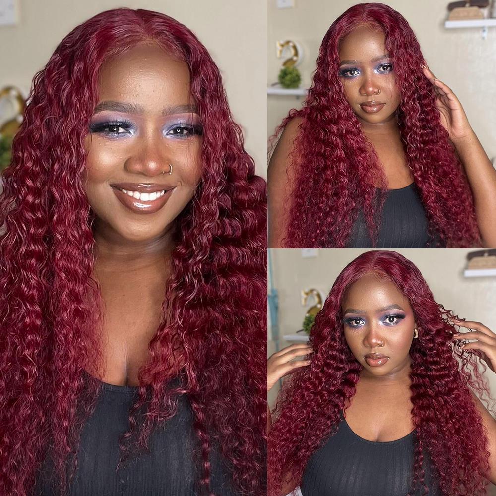 10″ – 40″ #99J & Burgundy Color Deep Wave Human Hair Lace Front Wig