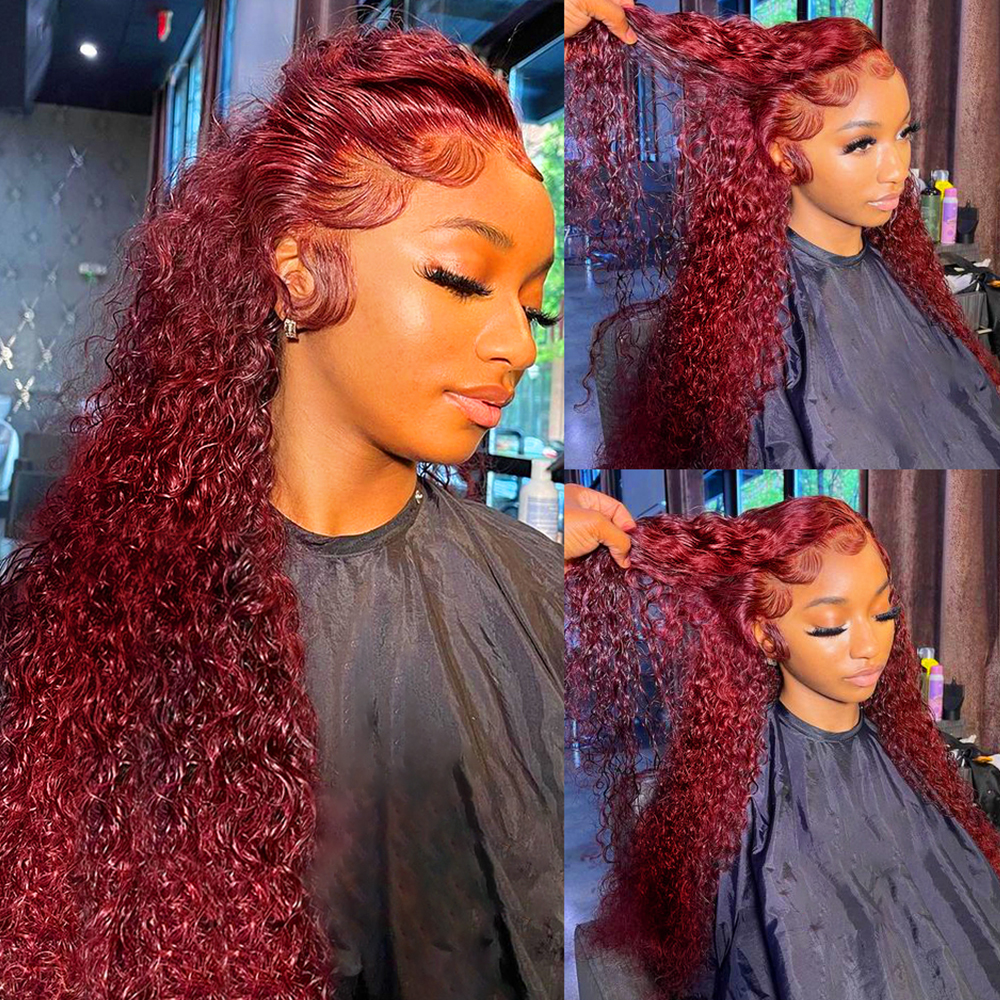 10″ – 40″ #99J & Burgundy Color Deep Wave Human Hair Lace Front Wig