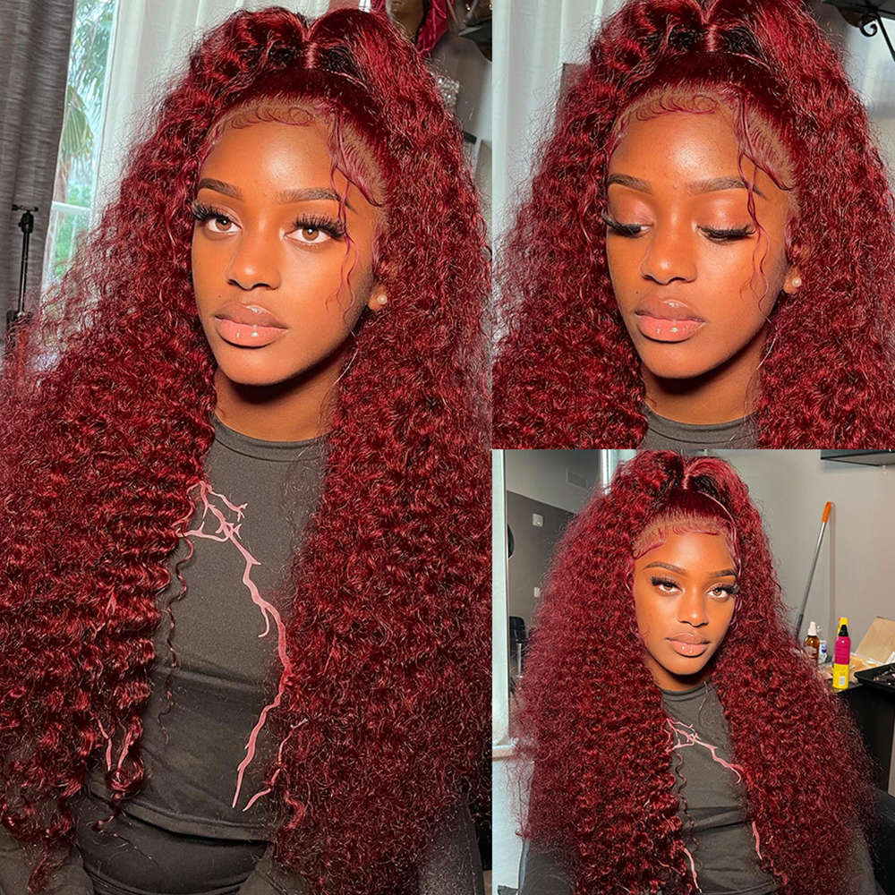 10″ – 40″ #99J & Burgundy Color Deep Wave Human Hair Lace Front Wig