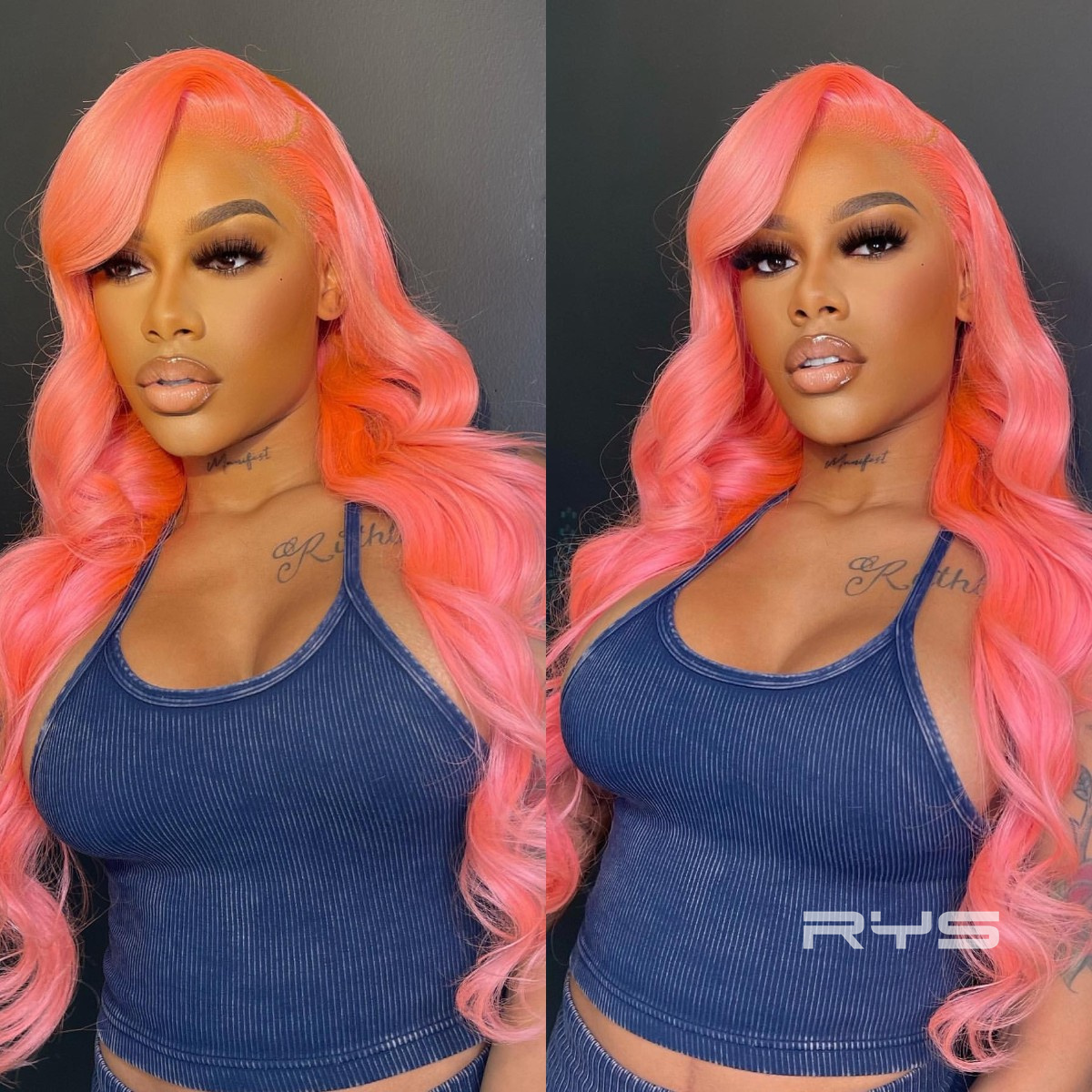 10″ – 40″ Coral Peach Pink Color Body Wave Human Hair Lace Front Wig