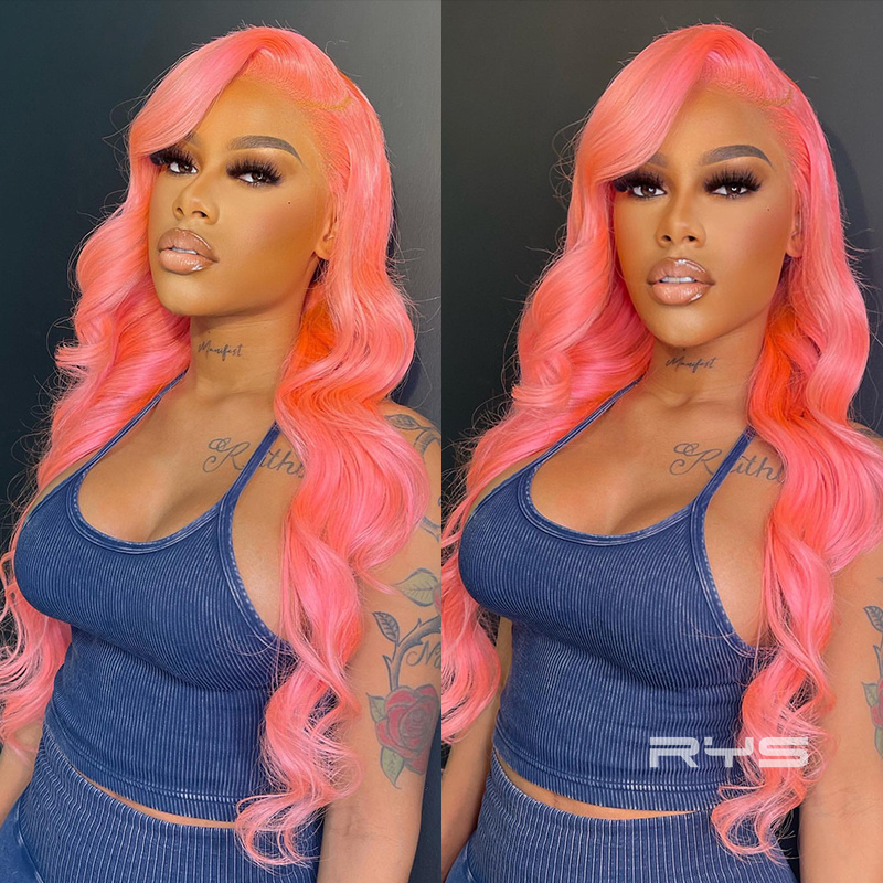 10″ – 40″ Coral Peach Pink Color Body Wave Human Hair Lace Front Wig