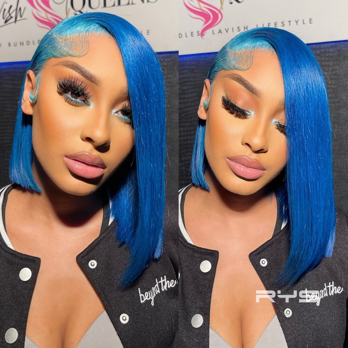 8″ – 14″ Blue Color Short Straight Human Hair Lace Front Wig