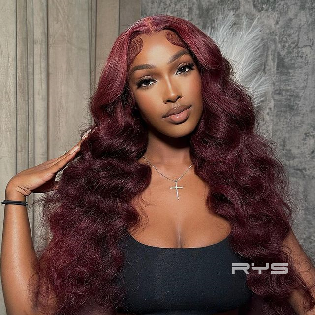10″ – 40″ #99J & Burgundy Color Body Wave Human Hair Lace Front Wig
