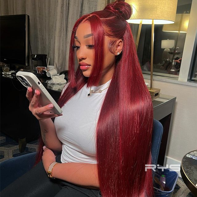 10″ – 40″ #99J & Burgundy Color Natural Straight Human Hair Lace Front Wig