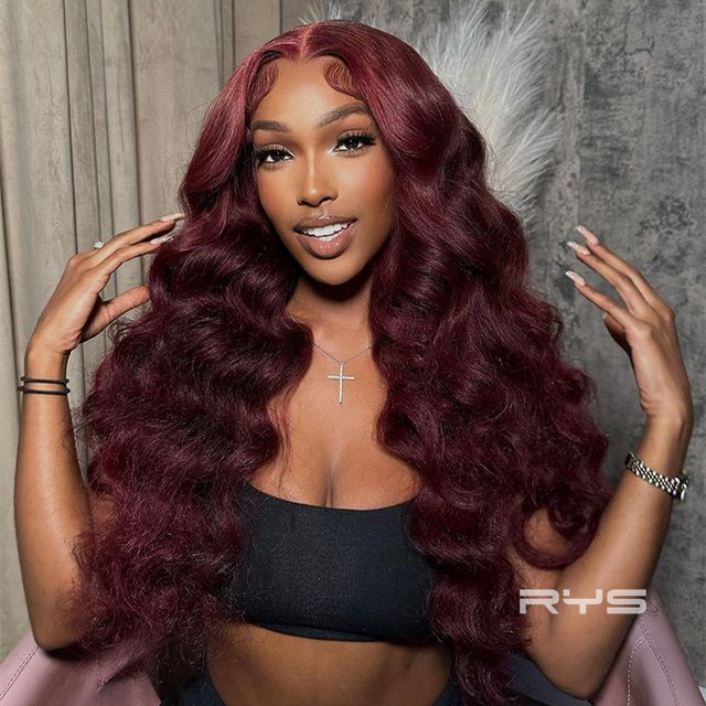 10″ – 40″ #99J & Burgundy Color Body Wave Human Hair Lace Front Wig