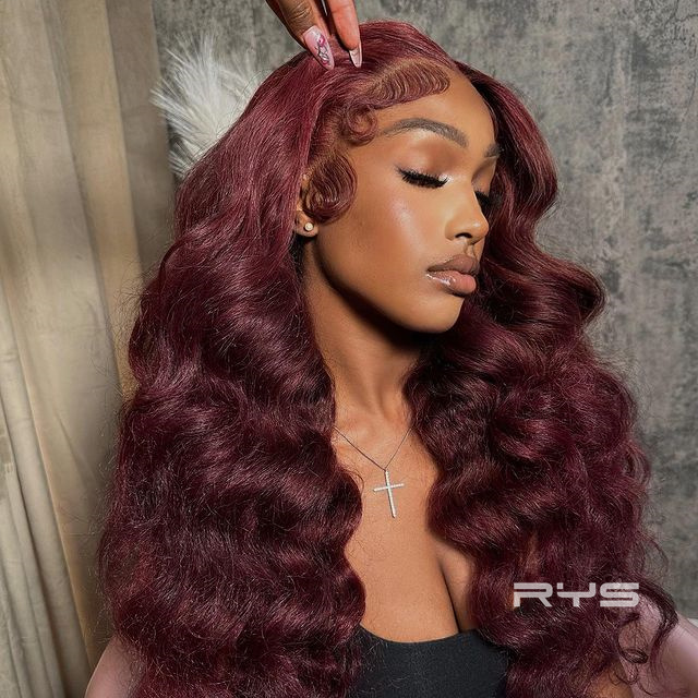 10″ – 40″ #99J & Burgundy Color Body Wave Human Hair Lace Front Wig