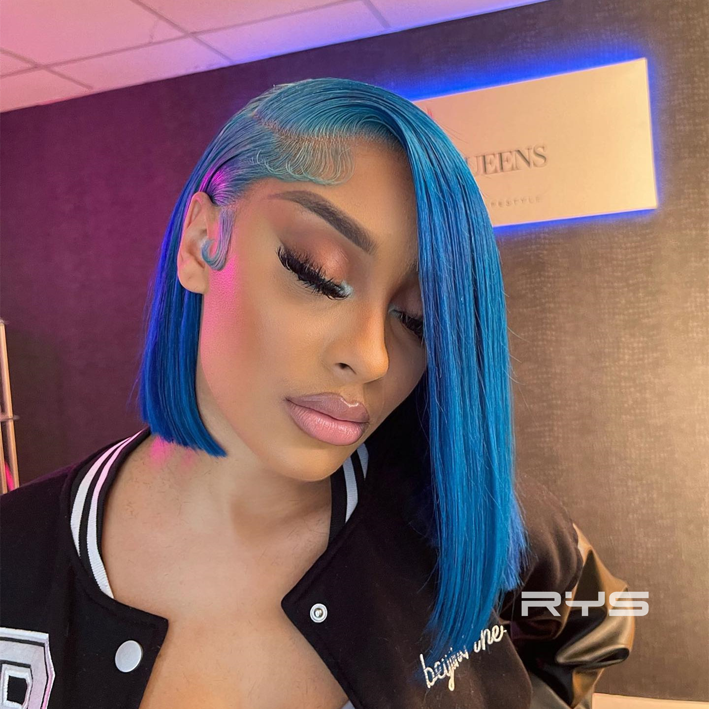 8″ – 14″ Blue Color Short Straight Human Hair Lace Front Wig