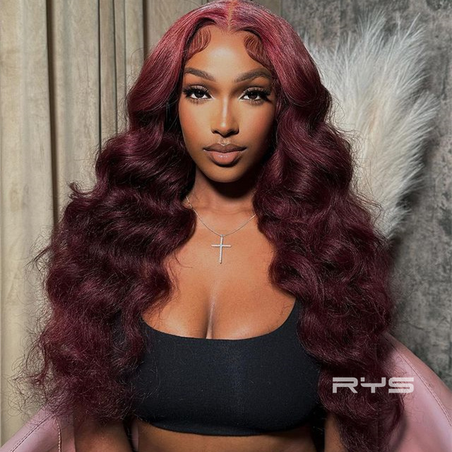 10″ – 40″ #99J & Burgundy Color Body Wave Human Hair Lace Front Wig