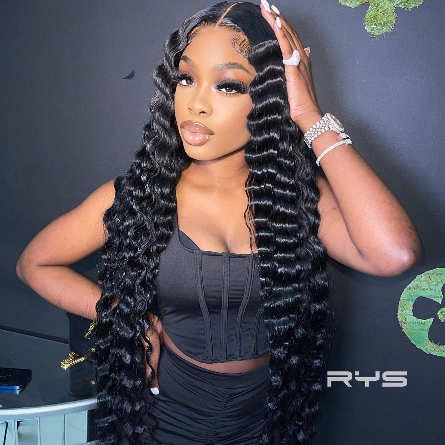 10″ – 40″ Natural Black Color Pineapple Wave Human Hair Lace Front Wig
