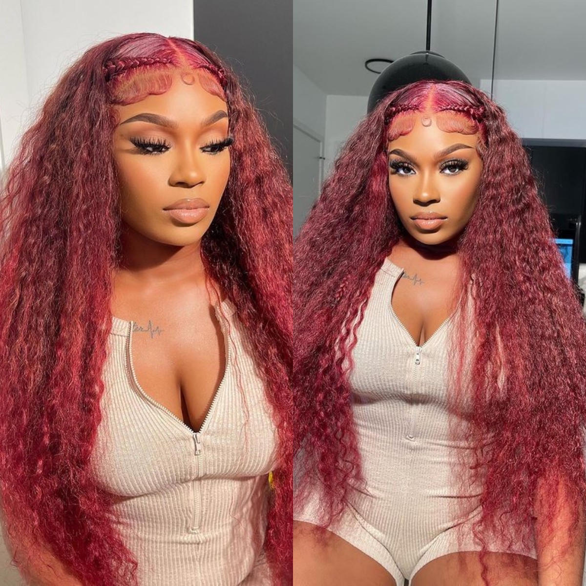 10″ – 40″ 99J Color Deep Curly Human Hair Lace Front Wig
