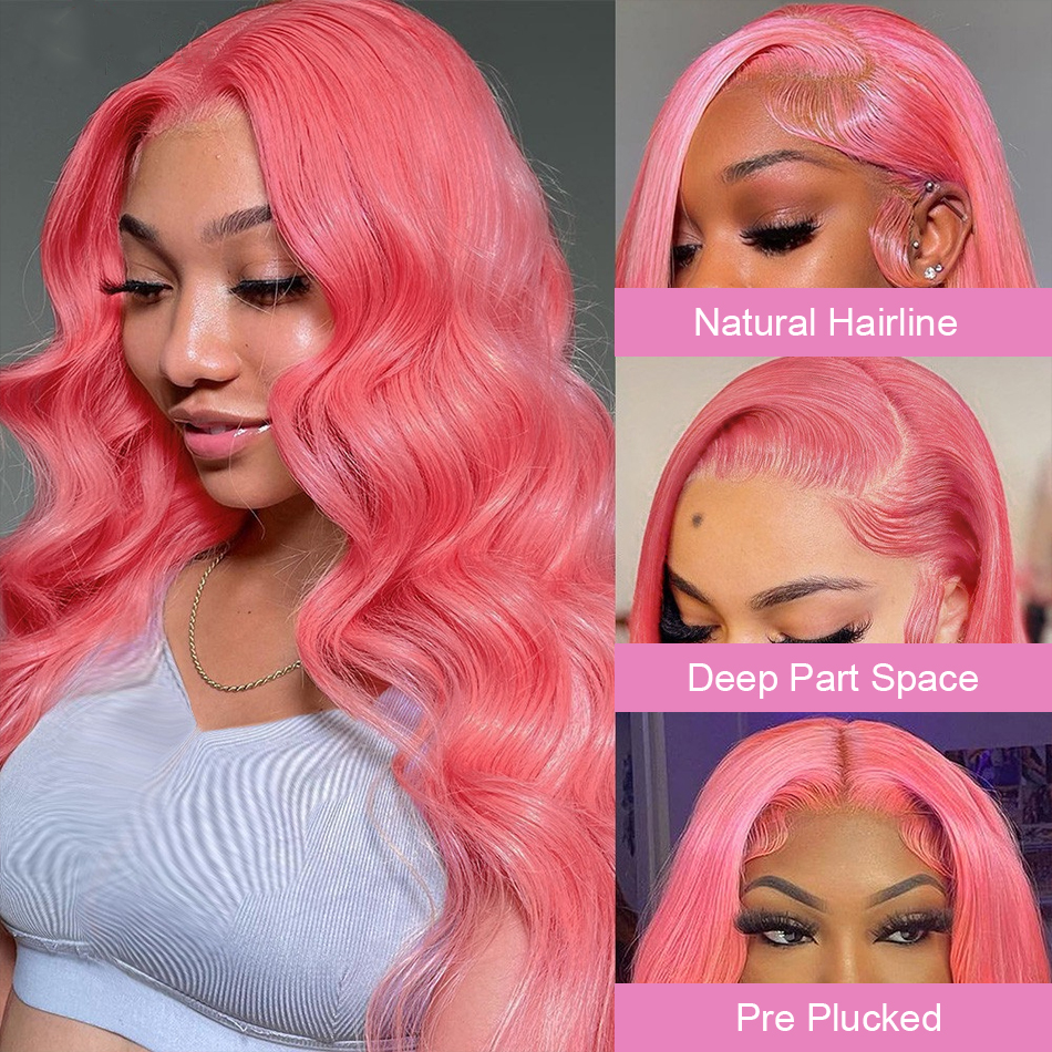 10″ – 40″ Coral Peach Pink Color Body Wave Human Hair Lace Front Wig