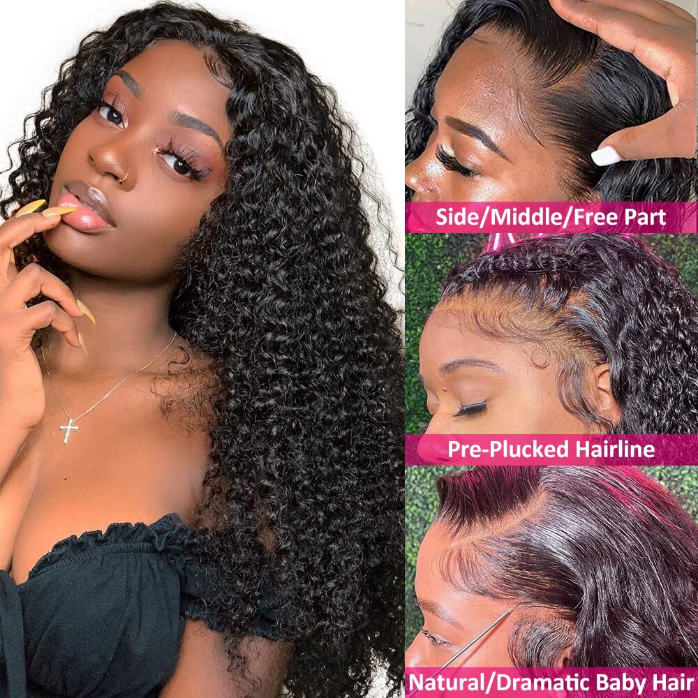 10″ – 40″ Natural Black Color Kinky Curly Human Hair Lace Front Wig