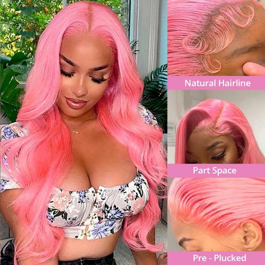 10″ – 40″ Pink Color Body Wave Human Hair Lace Front Wig