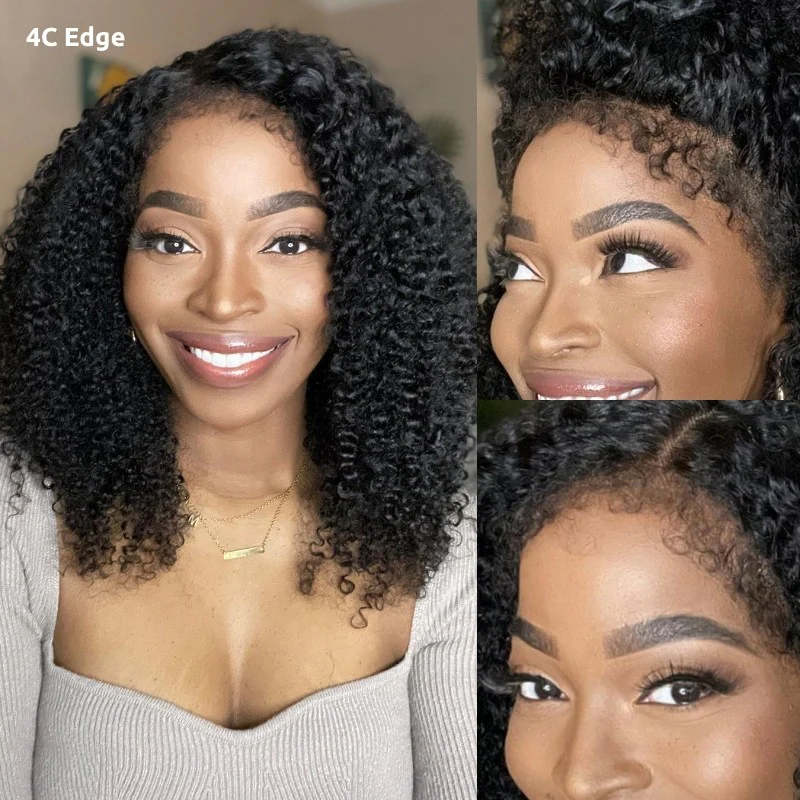 10″ – 40″ Natural Black Color Kinky Curly Human Hair Lace Front Wig