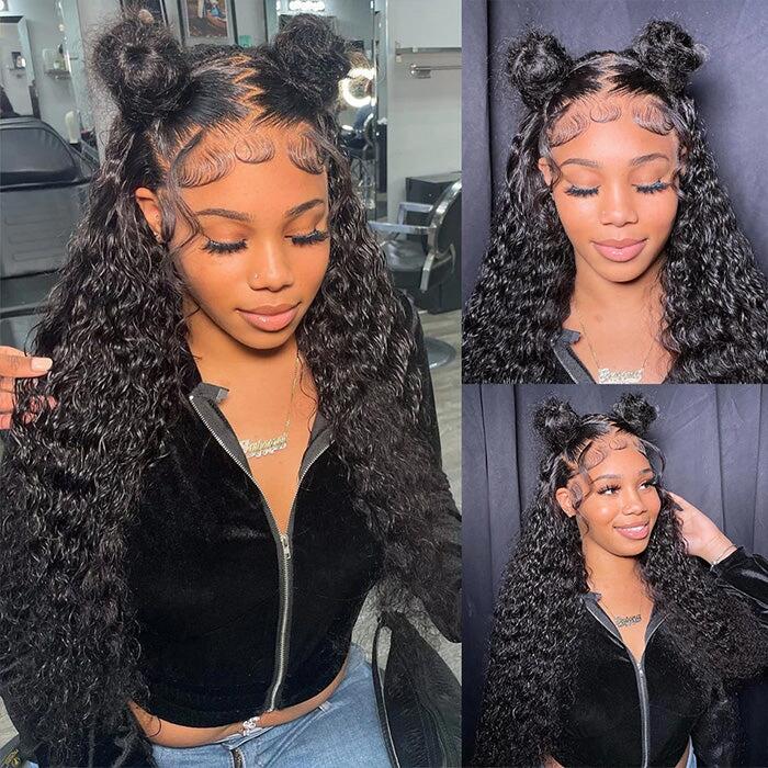 10″ – 40″ Natural Black Color Water Wave Human Hair Lace Front Wig