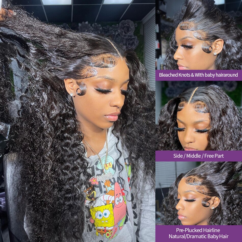 10″ – 40″ Natural Black Color Water Wave Human Hair Lace Front Wig