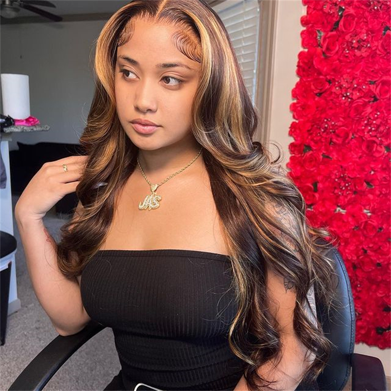 10″ – 40″ Highlight Color Body Wave Human Hair Lace Front Wig