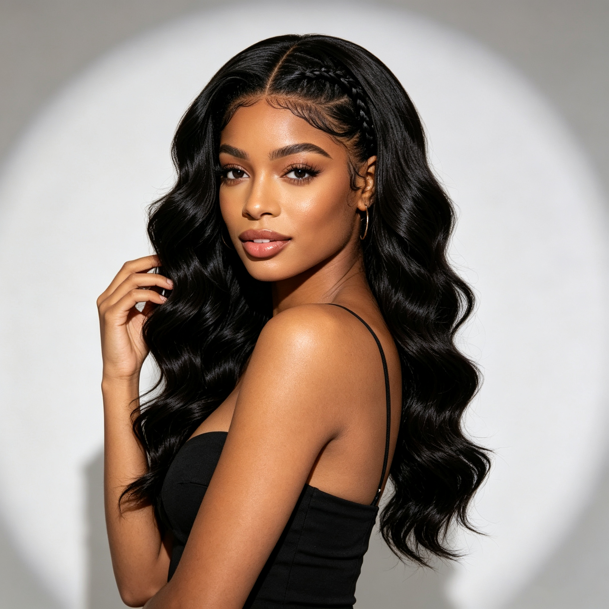 10″ – 40″ Natural Black Color Body Wave Human Hair Drawstring Half Wig