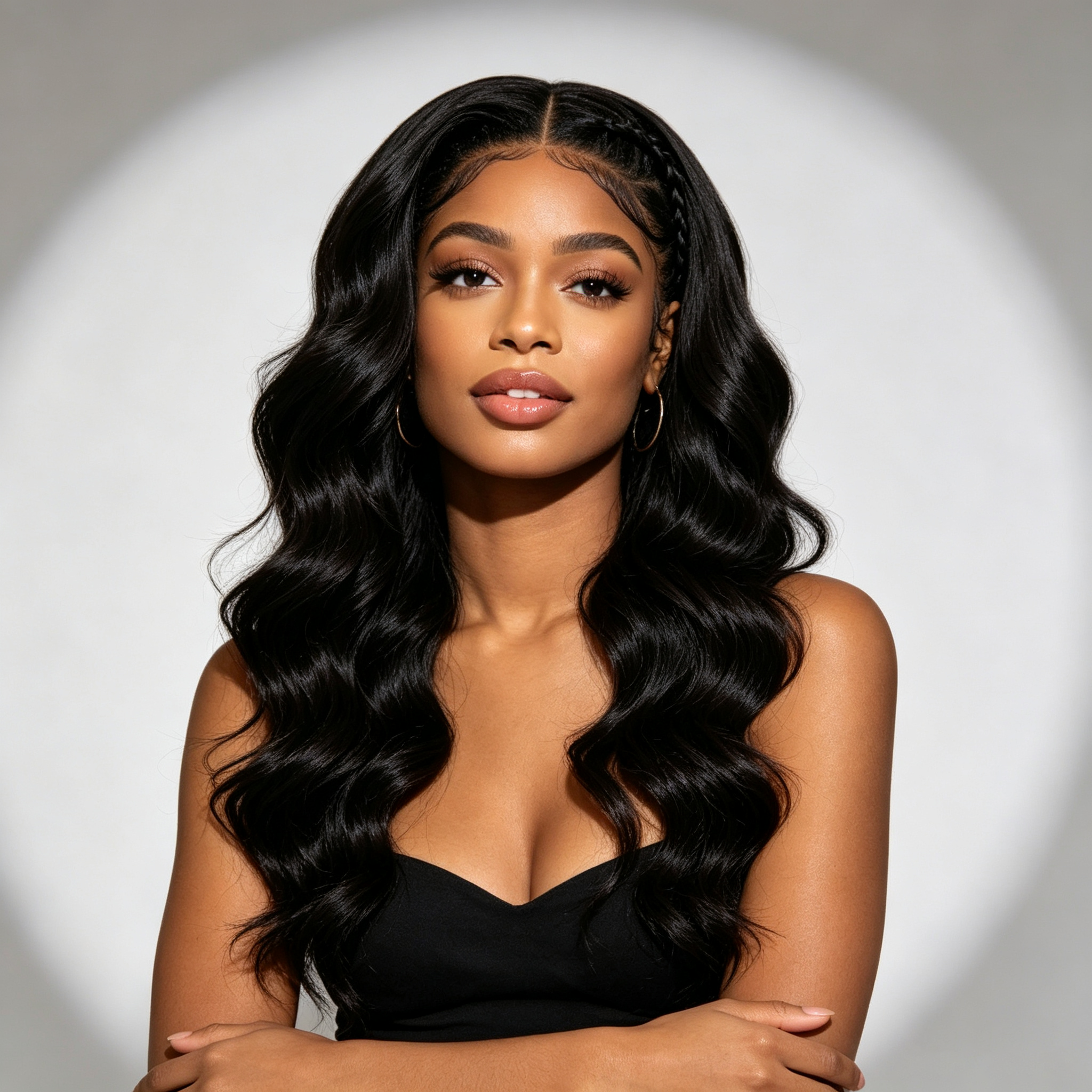 10″ – 40″ Natural Black Color Body Wave Human Hair Drawstring Half Wig