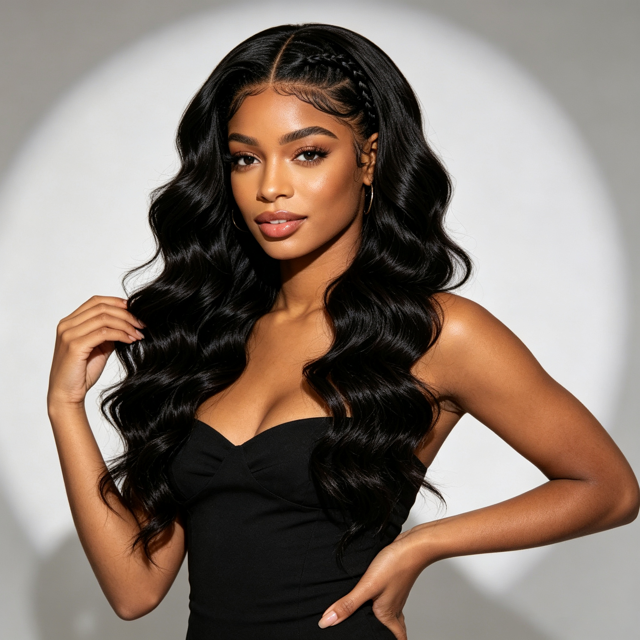 10″ – 40″ Natural Black Color Body Wave Human Hair Drawstring Half Wig