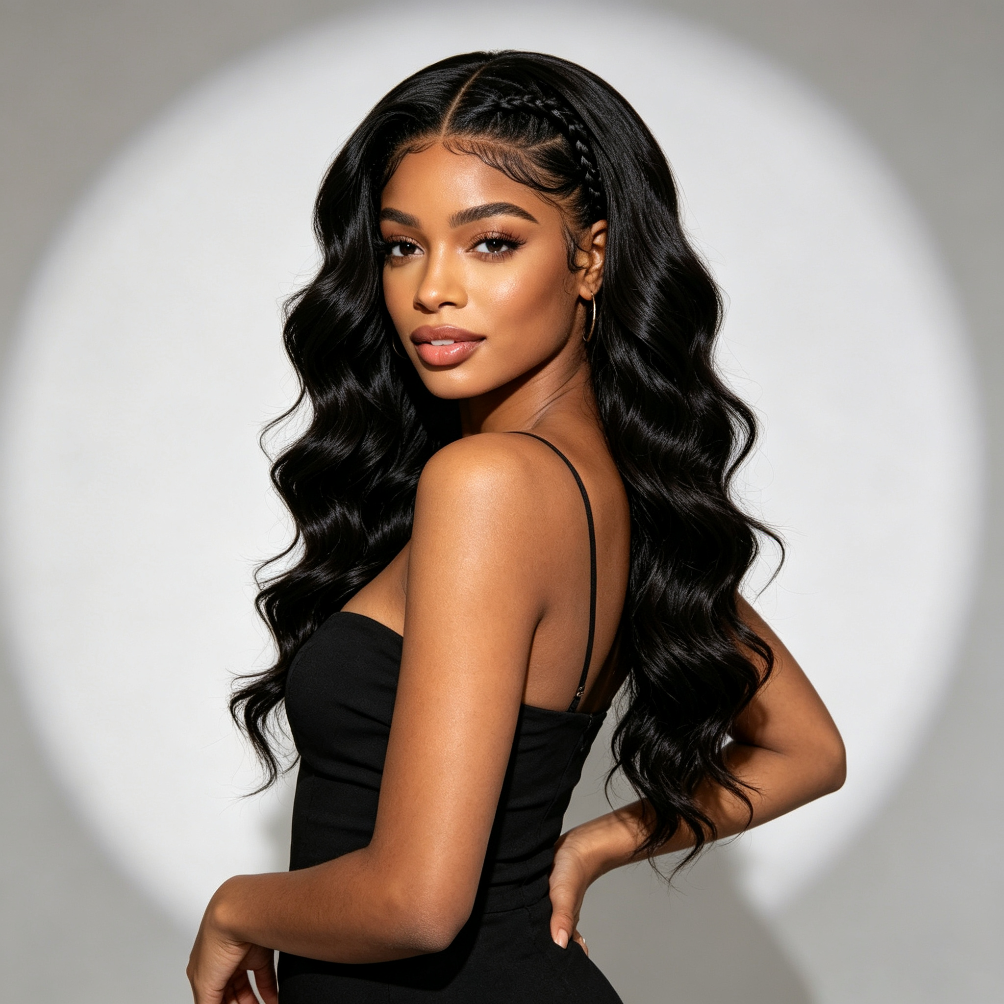 10″ – 40″ Natural Black Color Body Wave Human Hair Drawstring Half Wig