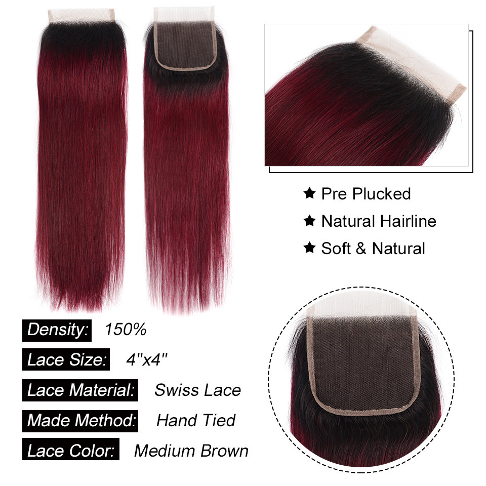 10″ – 20″ #1B/99J Color Straight Human Hair 4*4 Lace Closure
