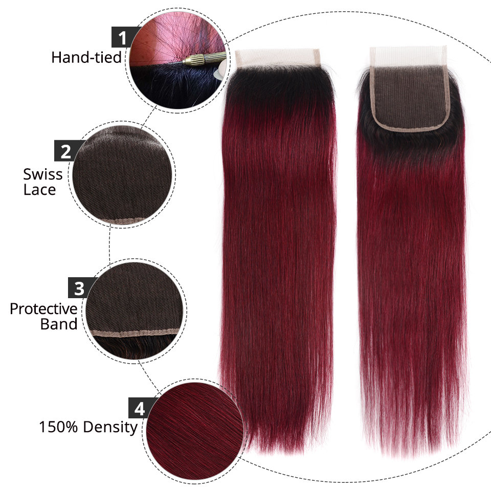 10″ – 20″ #1B/99J Color Straight Human Hair 4*4 Lace Closure