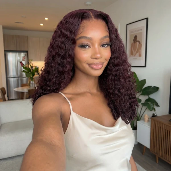 10″ – 40″ Dark Plum Color Burmese Curly Human Hair Lace Front Wig