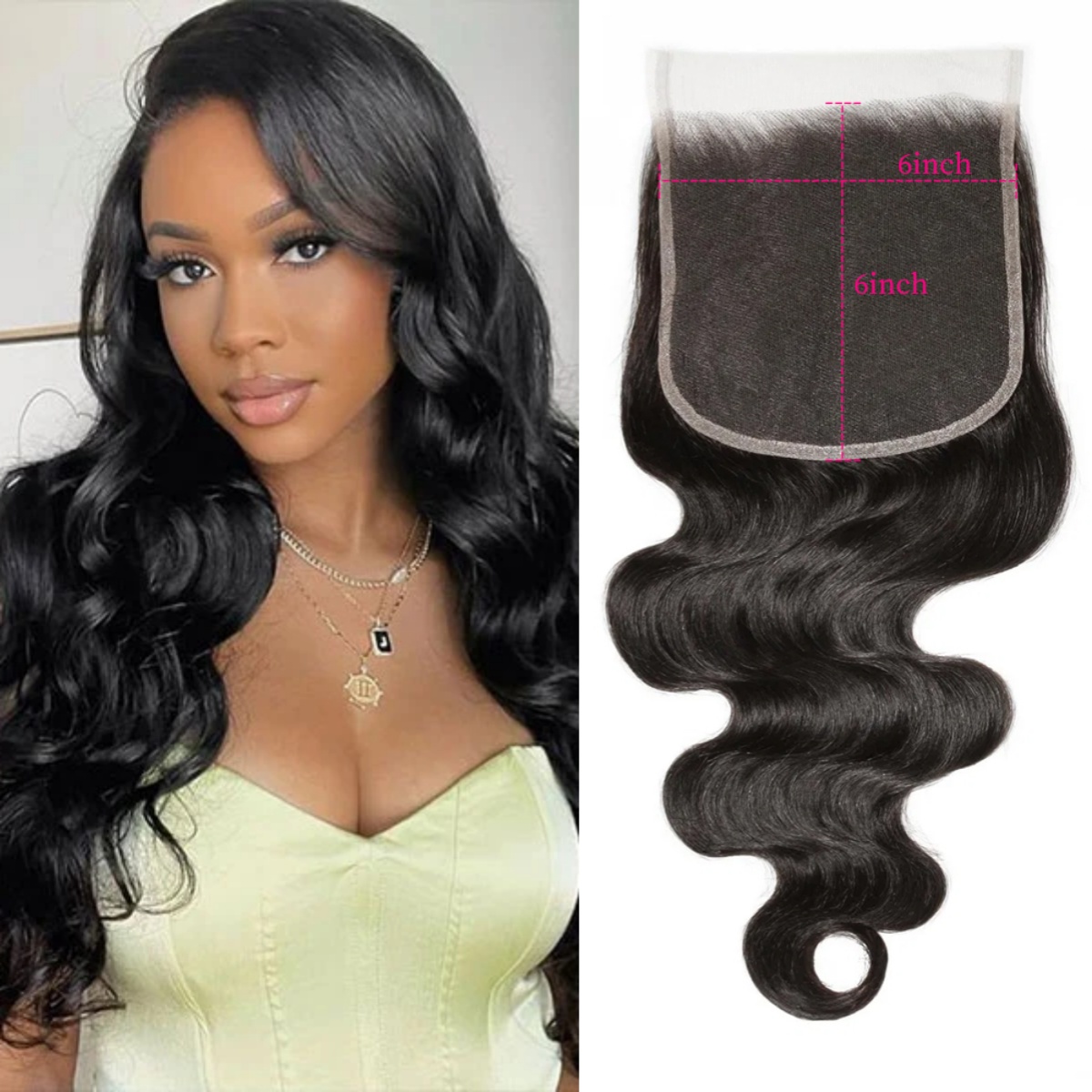10″ – 20″ Natural Black Color Body Wave Human Hair 6*6 Lace Closure