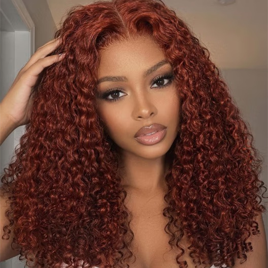 10″ – 40″ Reddish Brown Color Burmese Curly Human Hair Lace Front Wig