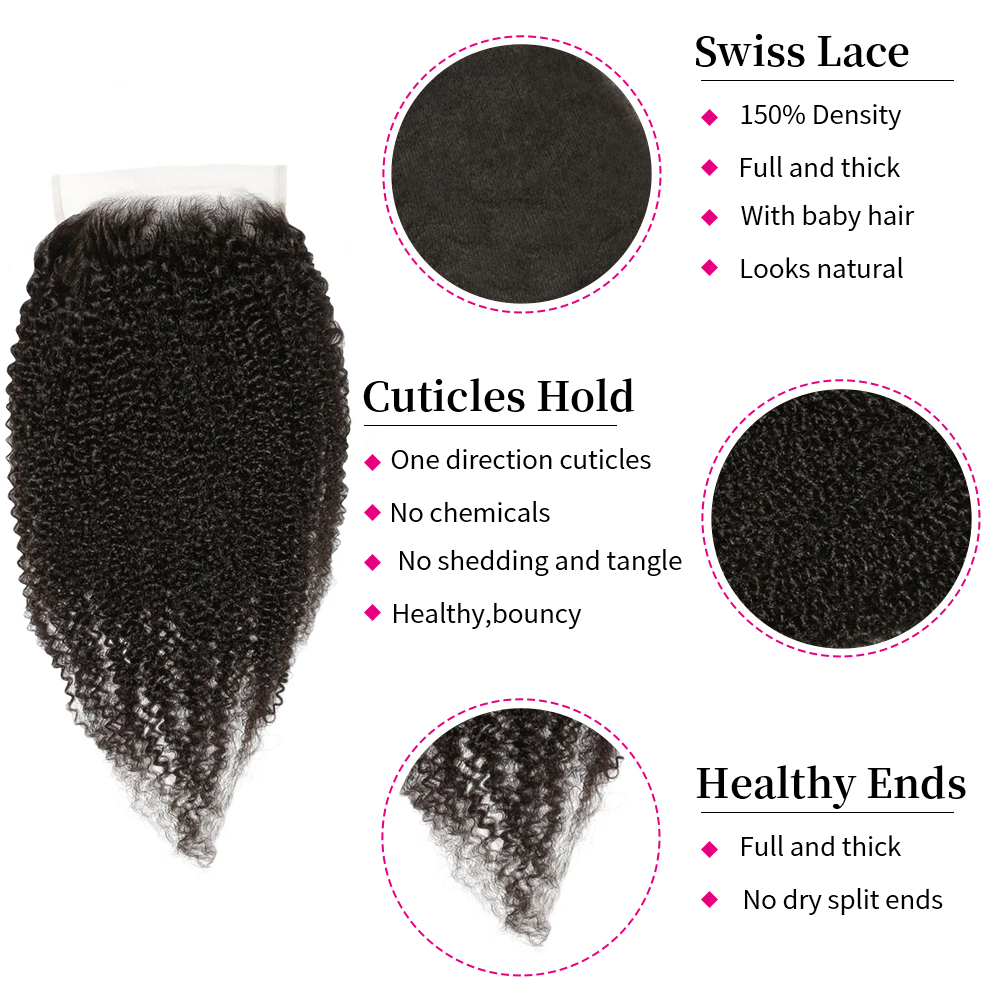 10″ – 20″ Natural Black Color Afro Kinky Curly Human Hair 6*6 Lace Closure