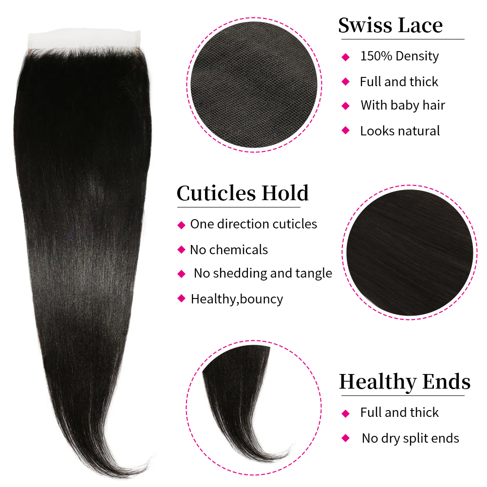 10″ – 20″ Natural Black Color Yaki Straight Human Hair 6*6 Lace Closure