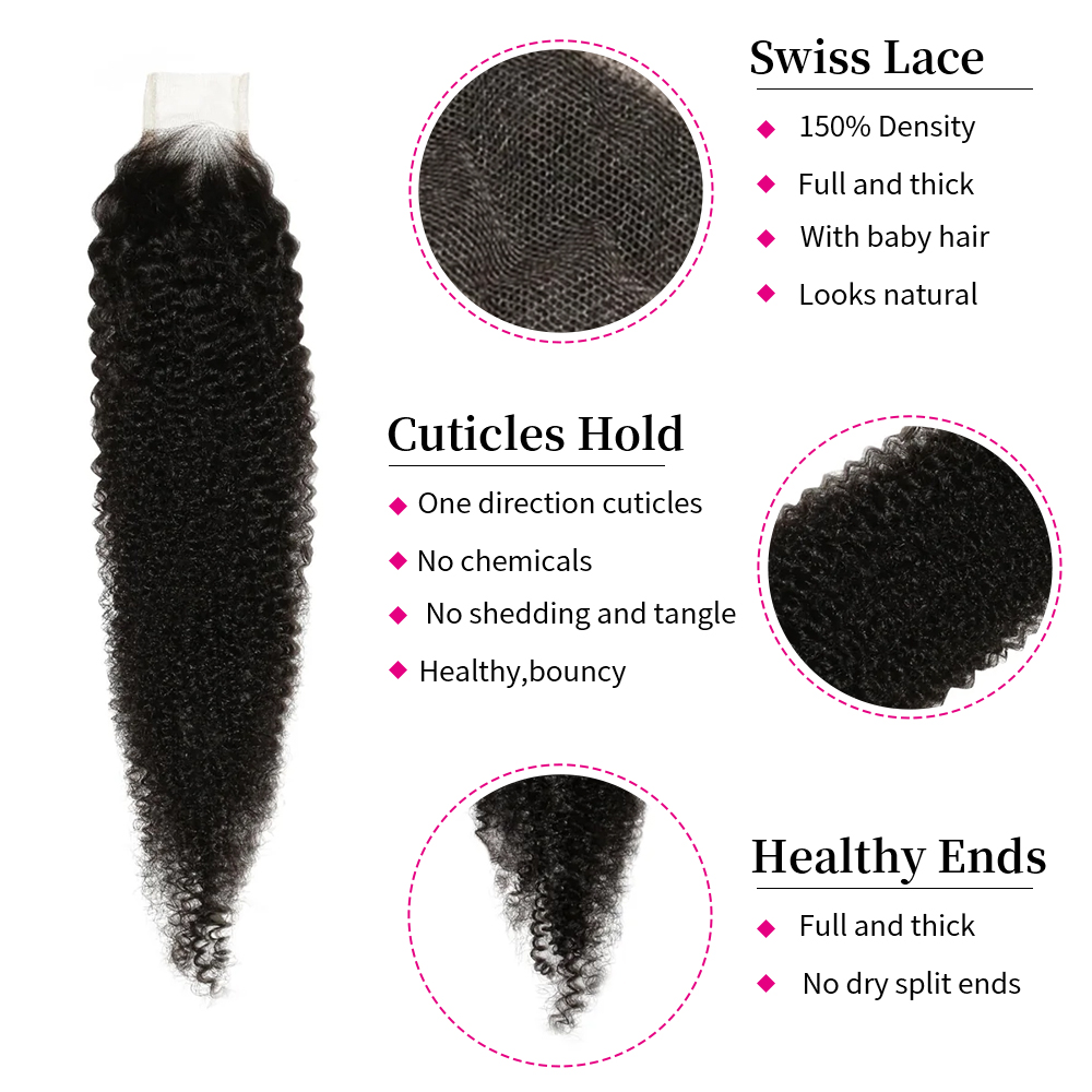 10″ – 20″ Natural Black Color Afro Kinky Curly Human Hair 2*6 Lace Closure