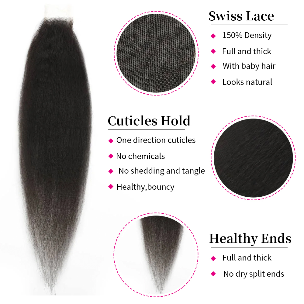 10″ – 20″ Natural Black Color Kinky Straight Human Hair 2*6 Lace Closure