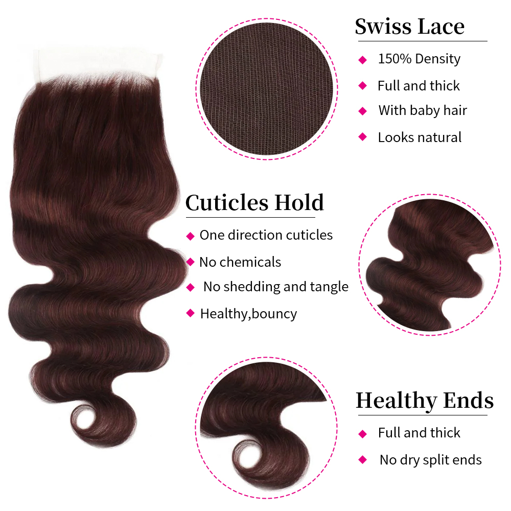 10″ – 20″ Burgundy Color Body Wave Human Hair 5*5 Lace Closure