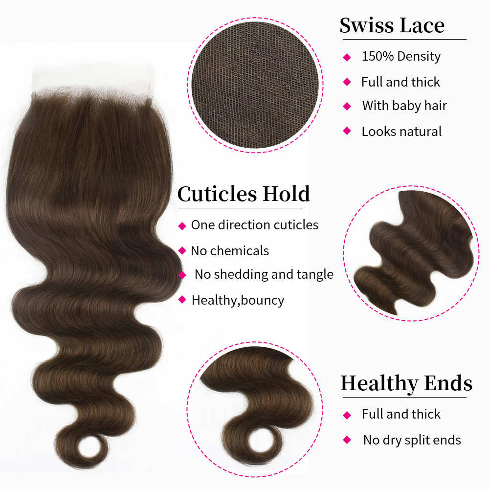 10″ – 20″ Medium Brown Color Body Wave Human Hair 5*5 Lace Closure