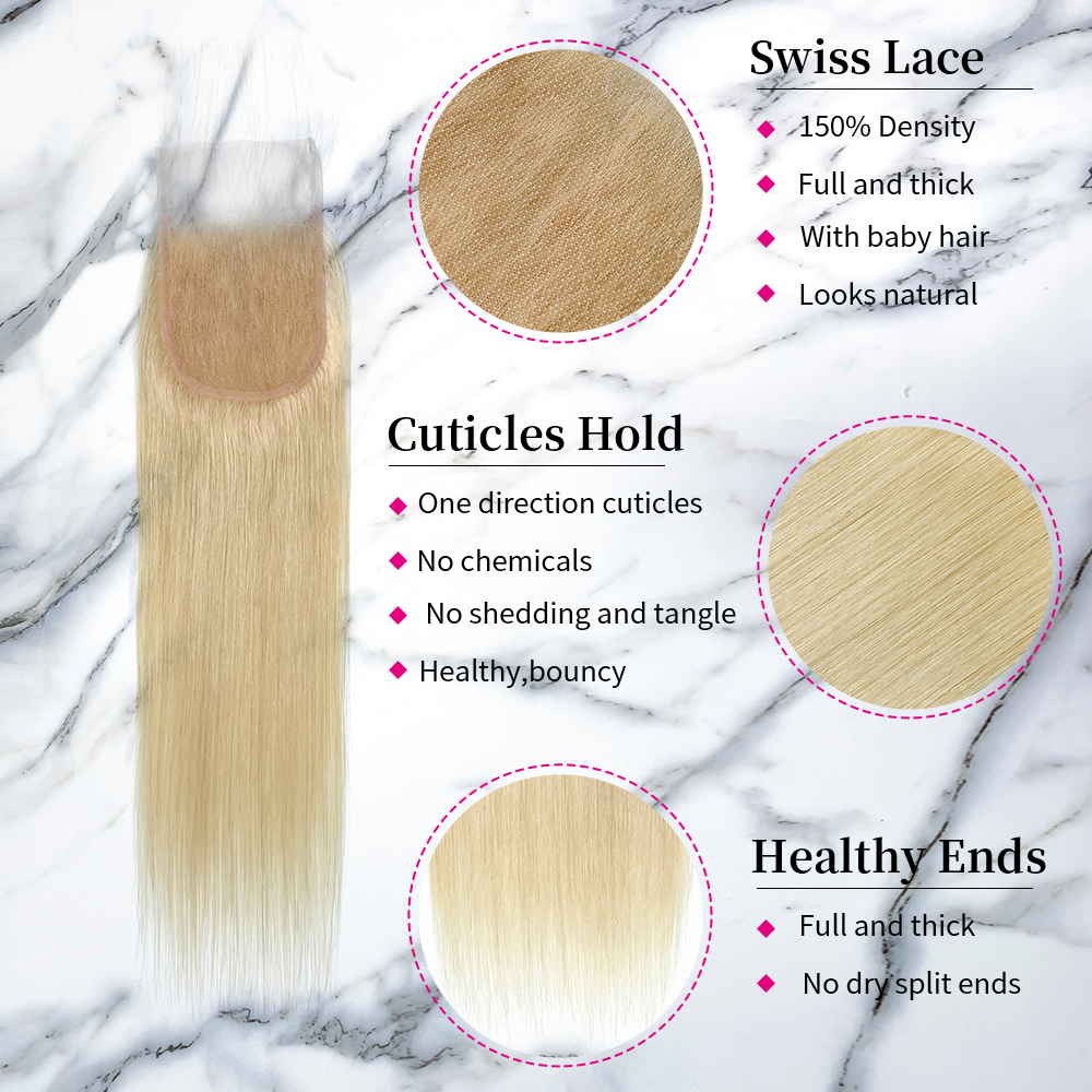 10″ – 20″ #613 Color Straight Human Hair 4*4 Lace Closure