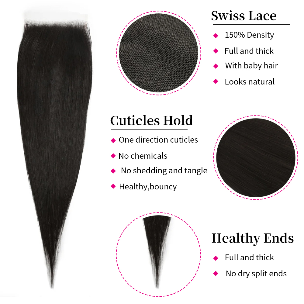 10″ – 20″ Natural Black Color Straight Human Hair 6*6 Lace Closure
