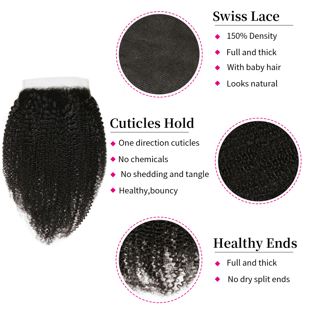 10″ – 20″ Natural Black Color Afro Kinky Curly Human Hair 7*7 Lace Closure