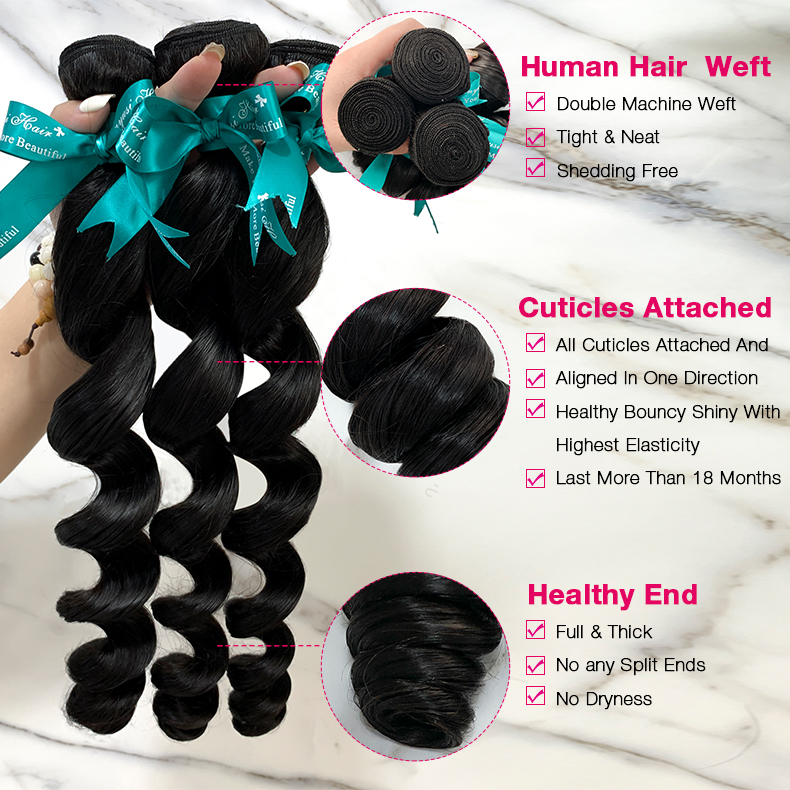Natural Black Color Loose Wave 3 Bundles with 5*5 Lace Closure