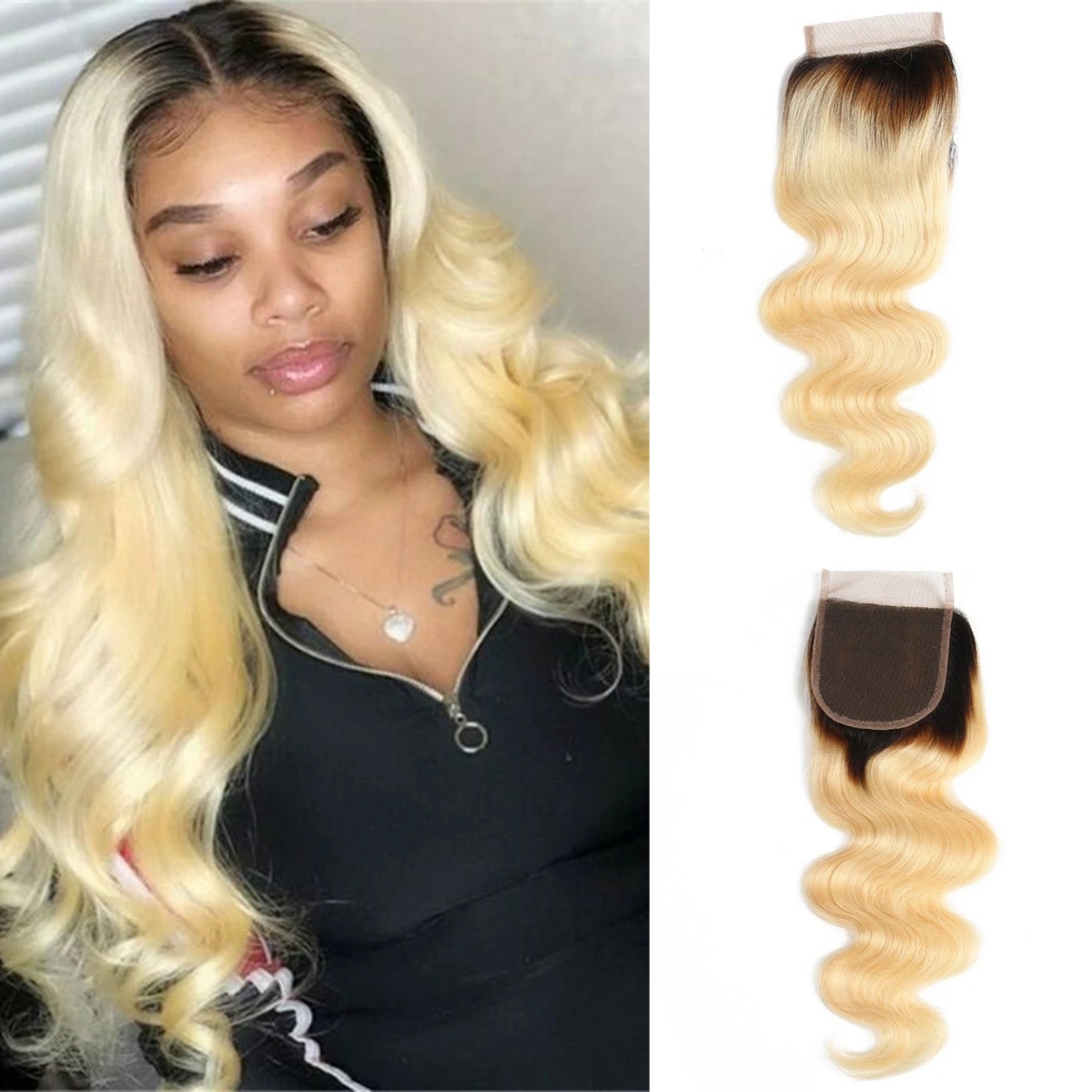 10″ – 20″ #1B/613 Color Body Wave Human Hair 4*4 Lace Closure