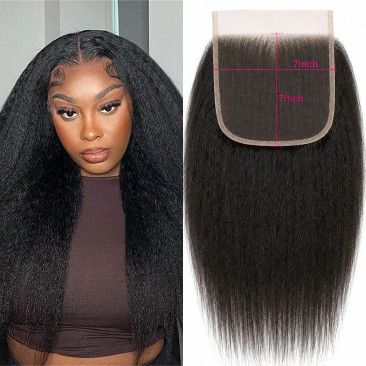 10″ – 20″ Natural Black Color Kinky Straight Human Hair 7*7 Lace Closure