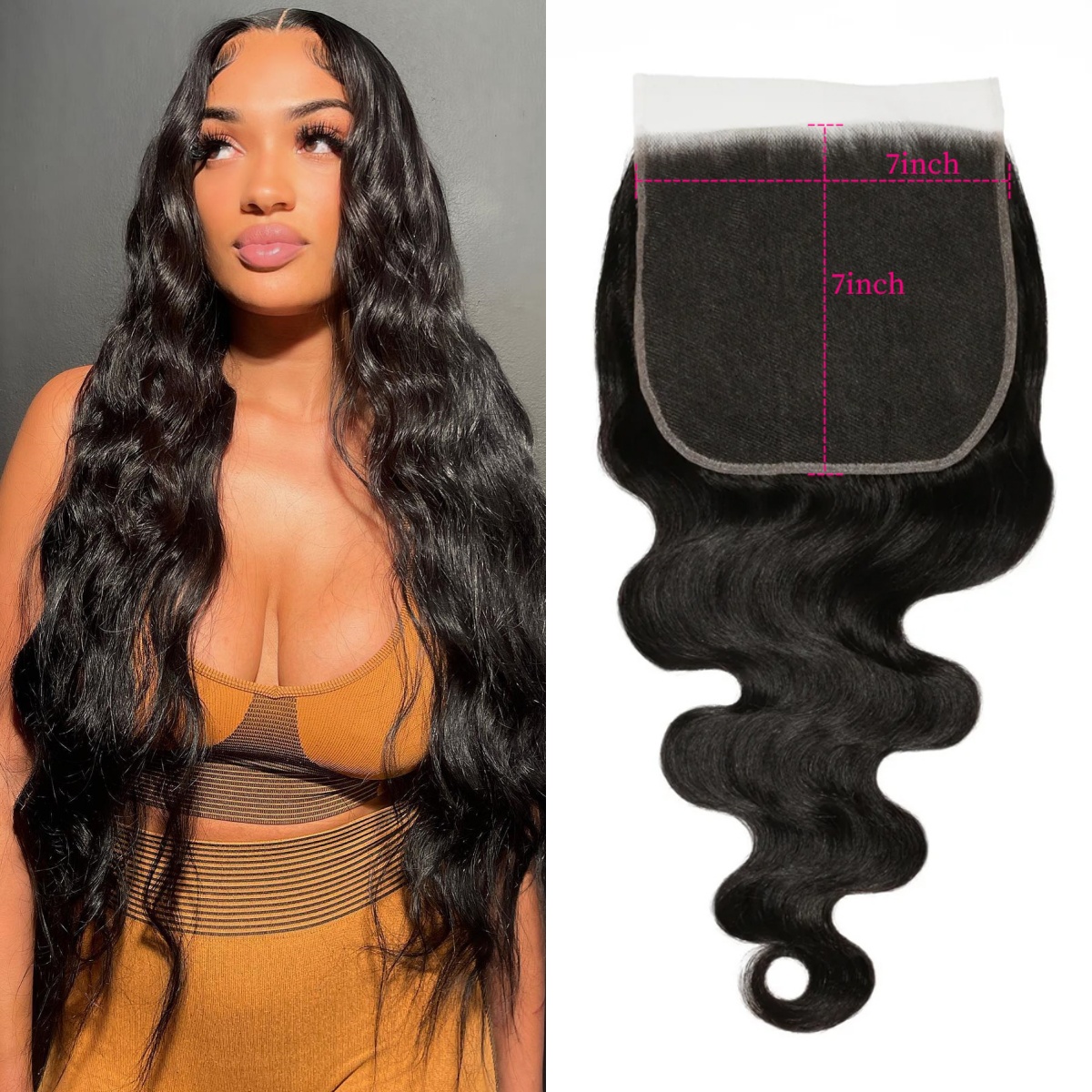 10″ – 20″ Natural Black Color Body Wave Human Hair 7*7 Lace Closure