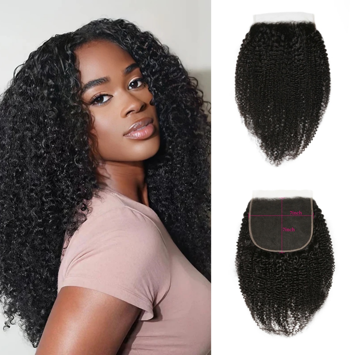 10″ – 20″ Natural Black Color Afro Kinky Curly Human Hair 7*7 Lace Closure