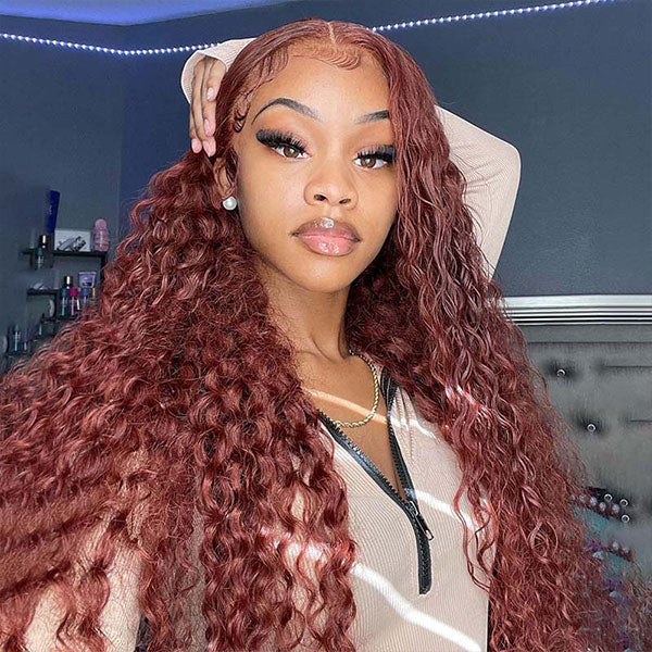 10″ – 40″ Reddish Brown Color Water Wave Human Hair Lace Front Wig