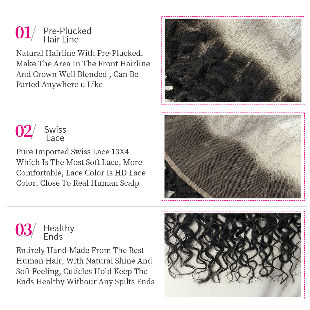 10″ – 20″ Natural Black Color Water Wave Human Hair 13*4 Lace Frontal with Pre Plucked Natural Hairline