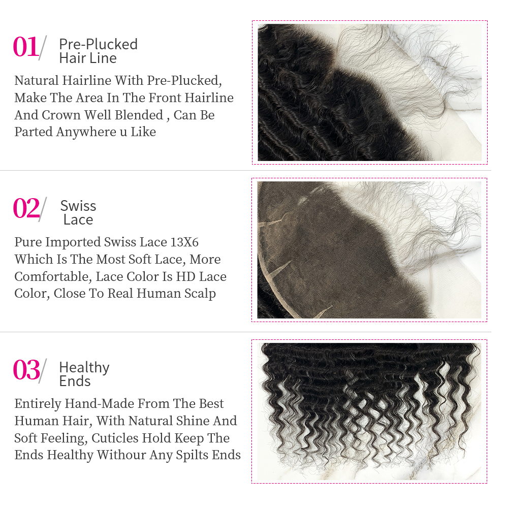 10″ – 20″ Natural Black Color Deep Wave Human Hair 13*6 Lace Frontal with Pre Plucked Natural Hairline