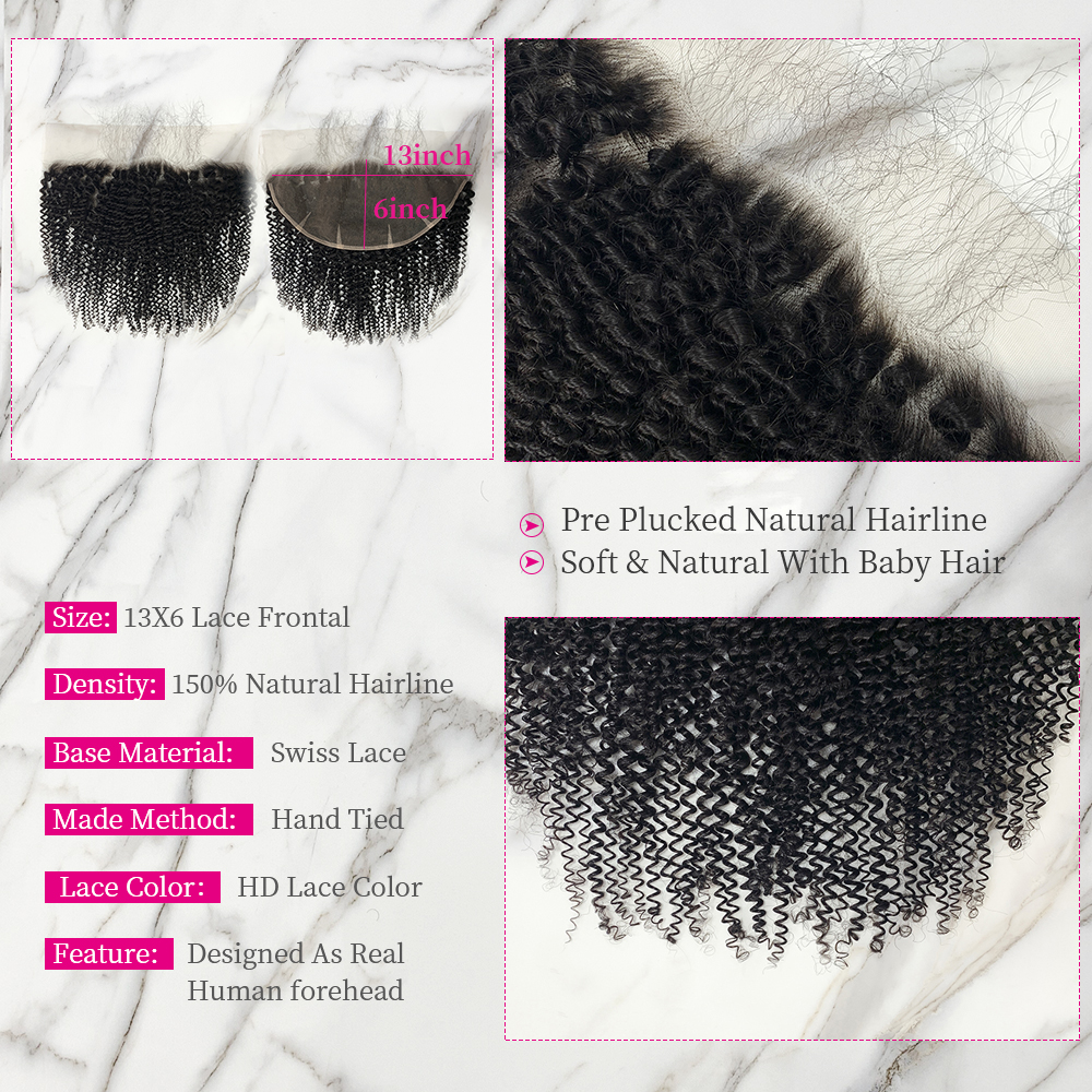 10″ – 20″ Natural Black Color Kinky Curly Human Hair 13*6 Lace Frontal with Pre Plucked Natural Hairline
